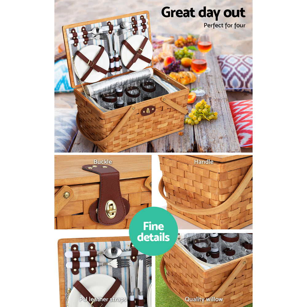 Alfresco Picnic Basket Set featuring a wooden cooler bag for 4 people, complete with cutlery, plates, and a matching blanket.