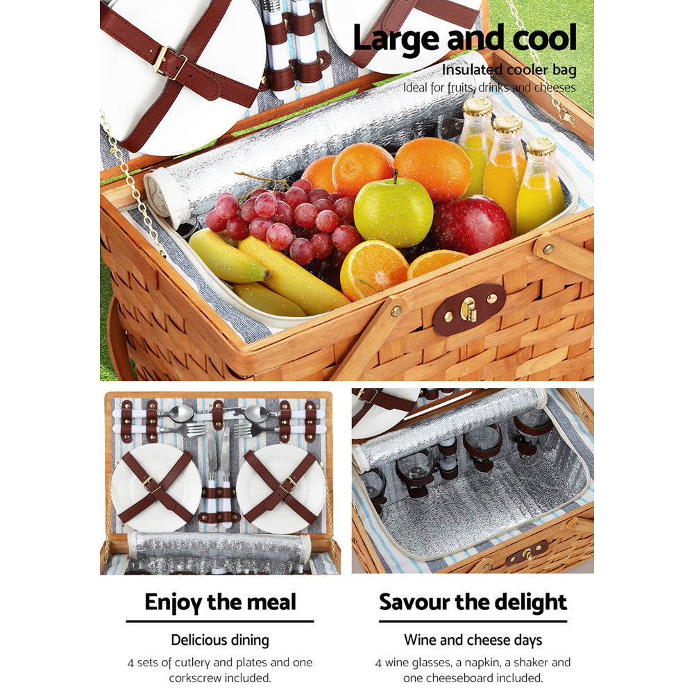 Alfresco Picnic Basket Set featuring a wooden cooler bag for 4 people, complete with cutlery, plates, and a matching blanket.