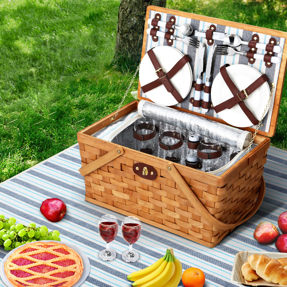 Alfresco Picnic Basket Set featuring a wooden cooler bag for 4 people, complete with cutlery, plates, and a matching blanket.