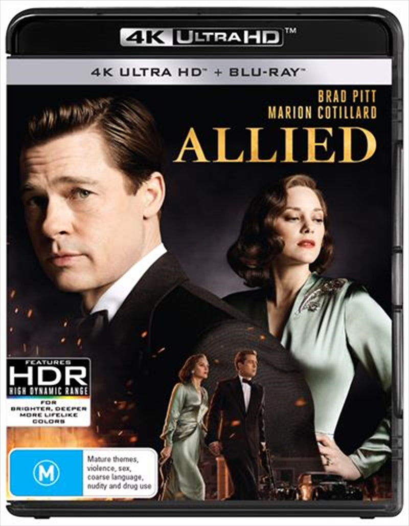 Allied UHD movie poster featuring Brad Pitt and Marion Cotillard in a romantic and suspenseful WWII setting.