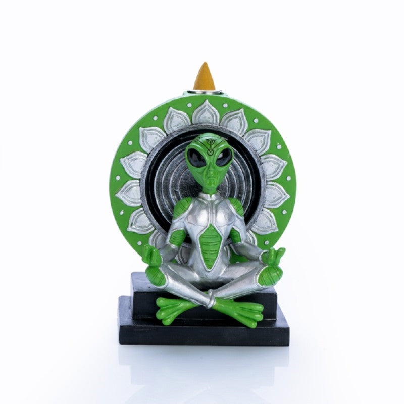 Alien Buddha Backflow Burner featuring a meditating alien in a silver cosmic suit with green and silver zen design, emitting fragrant smoke.