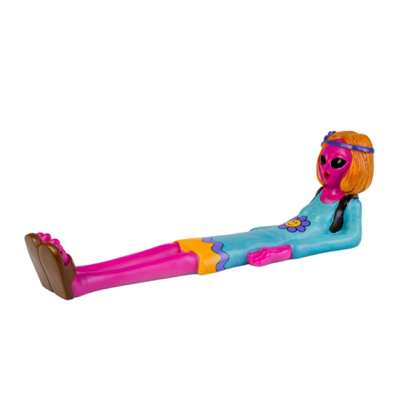 A colorful pink alien figurine with a hippie design, serving as an incense burner, perfect for adding a whimsical touch to home decor.