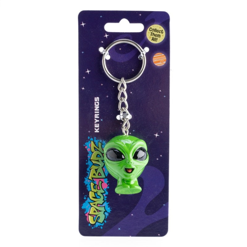 Vibrant green alien keychain featuring a smiling alien with large black eyes on a traditional keychain ring.