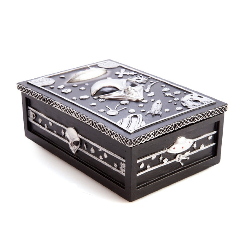 A stylish black tarot box featuring a funky alien design with a metallic silver finish, perfect for storing tarot cards and trinkets.