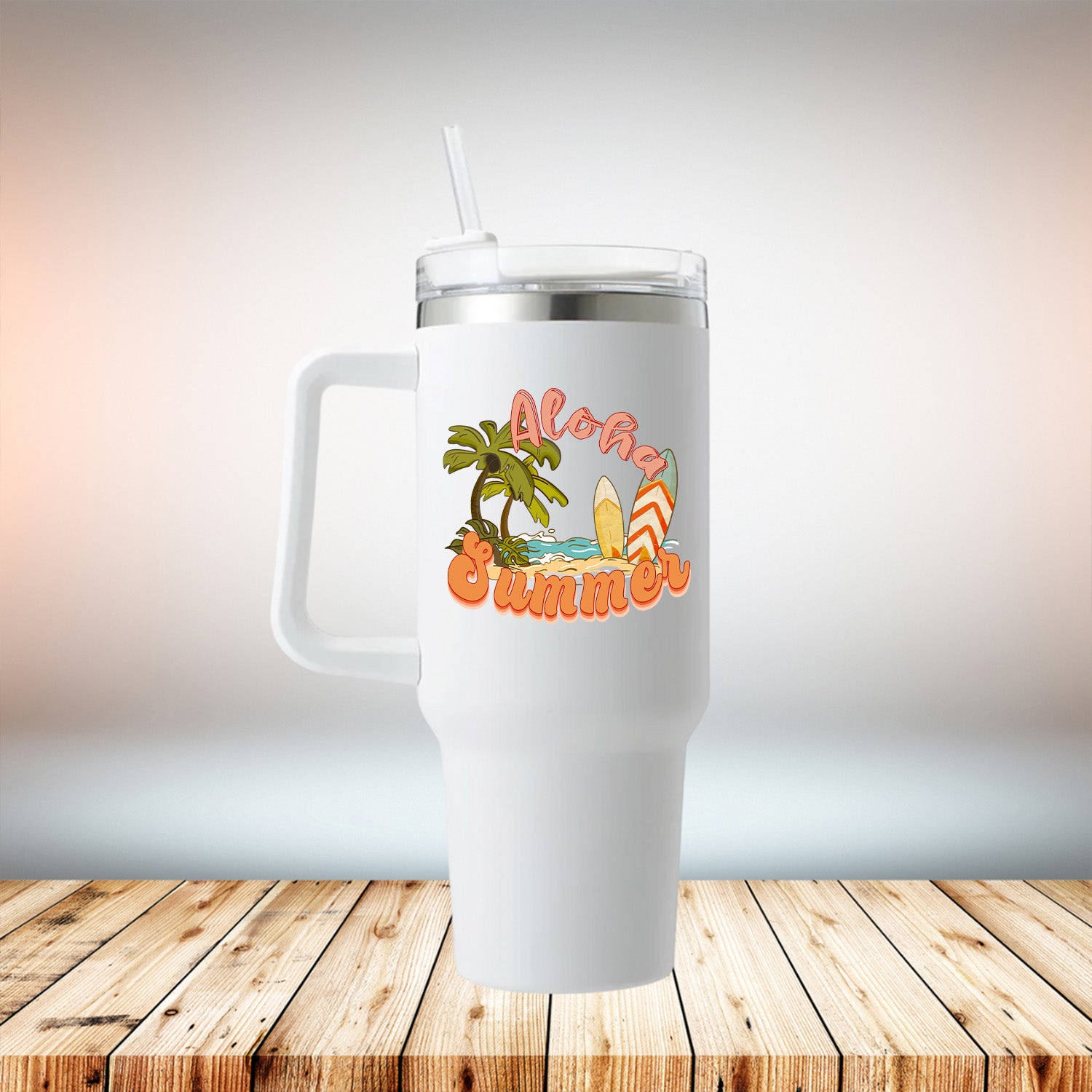 Aloha Summer 40oz Travel Mug in white with removable handle and straw-friendly lid.