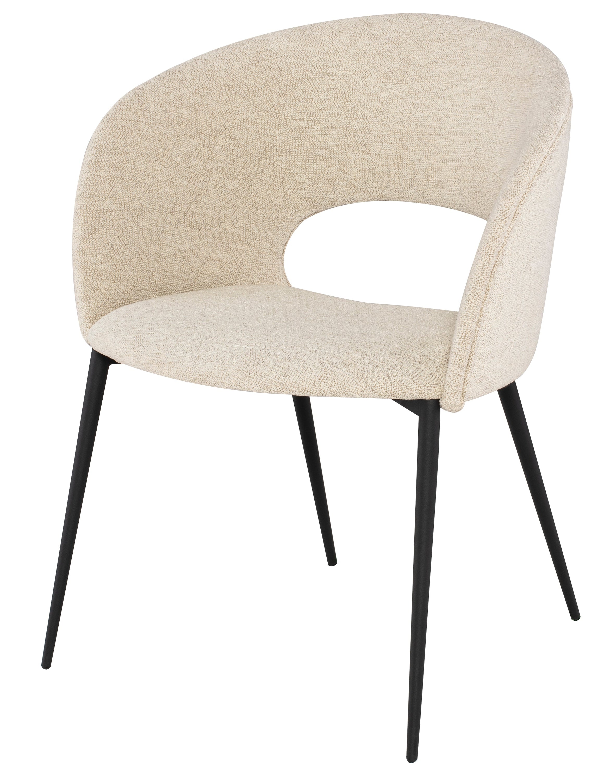 Alotti Dining Chair-Shell featuring a textured fabric seat and matte black steel legs, showcasing a retro design with a curved back.