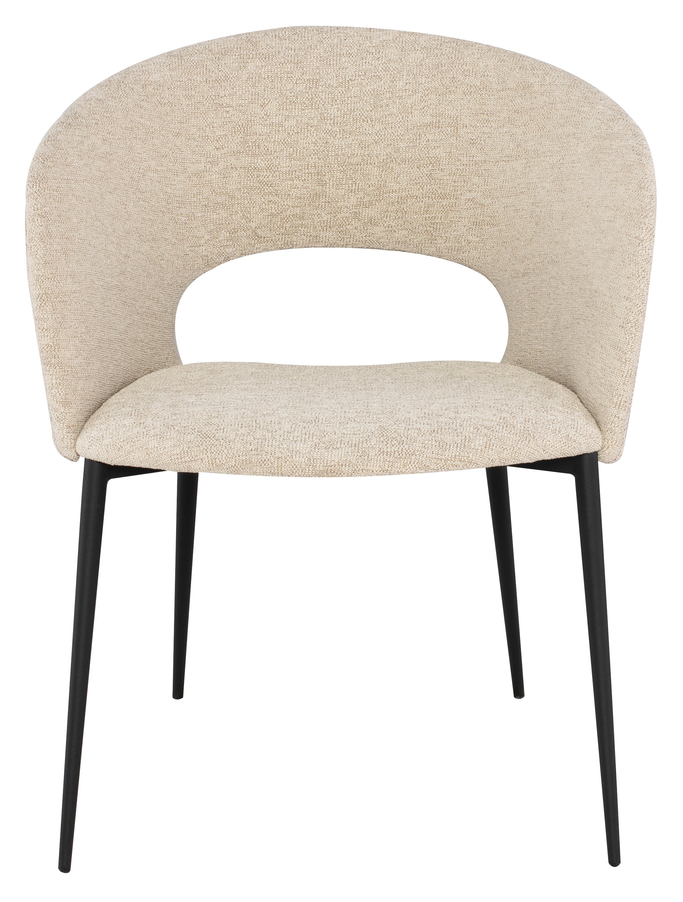 Alotti Dining Chair-Shell featuring a textured fabric seat and matte black steel legs, showcasing a retro design with a curved back.