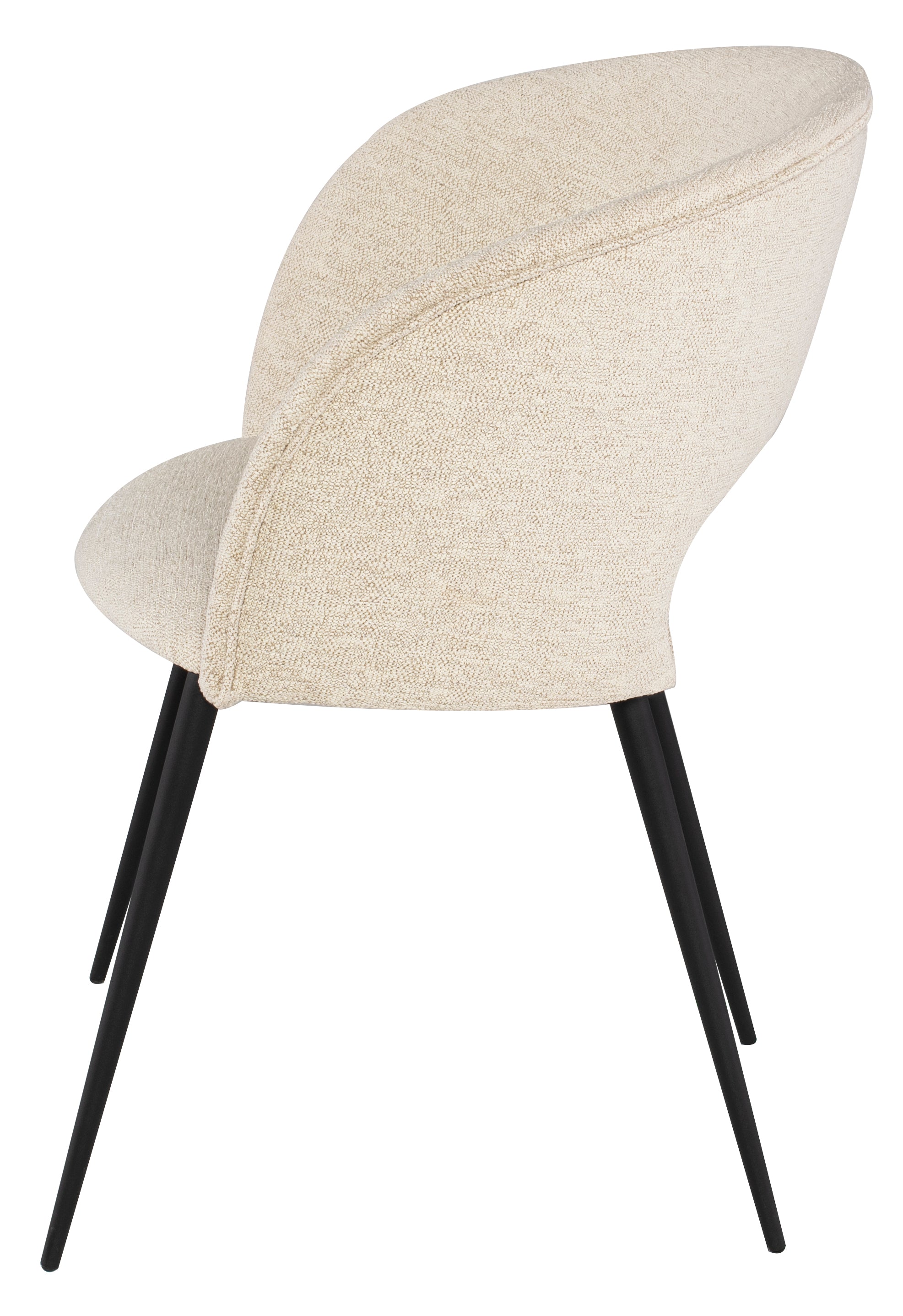 Alotti Dining Chair-Shell featuring a textured fabric seat and matte black steel legs, showcasing a retro design with a curved back.