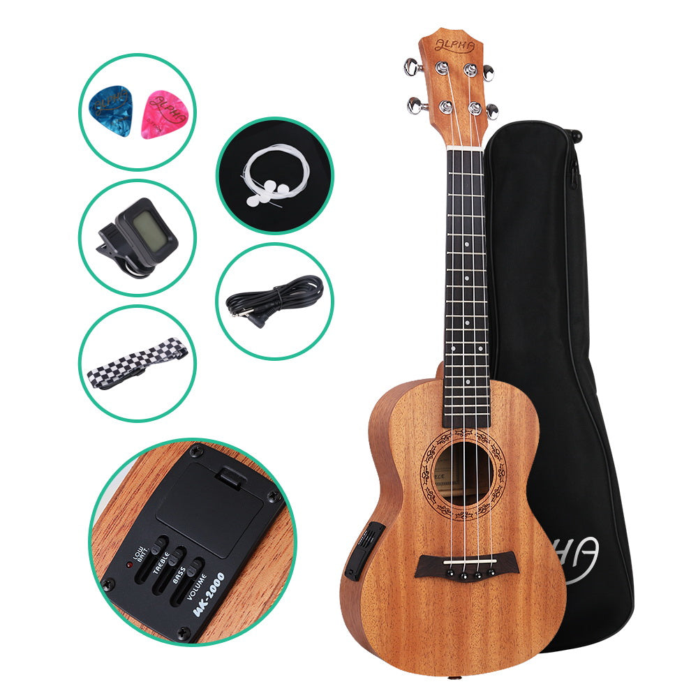 Alpha 23 Inch Concert Ukulele in matte natural finish with accessories including a carry bag, tuner, and electric cable.