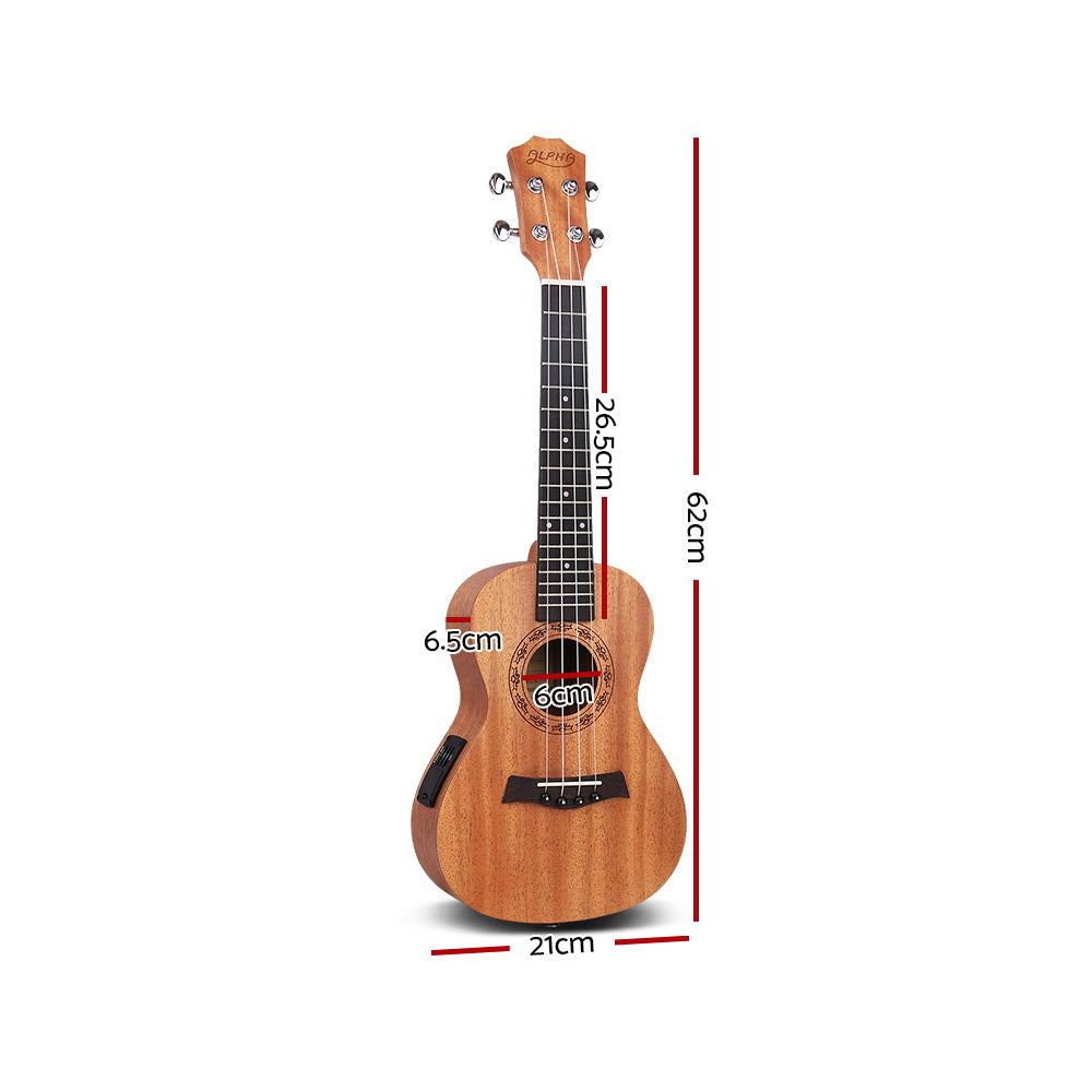 Alpha 23 Inch Concert Ukulele in matte natural finish with accessories including a carry bag, tuner, and electric cable.