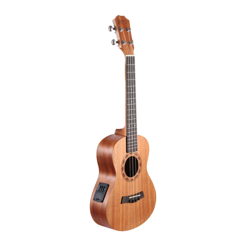 Alpha 23 Inch Concert Ukulele in matte natural finish with accessories including a carry bag, tuner, and electric cable.