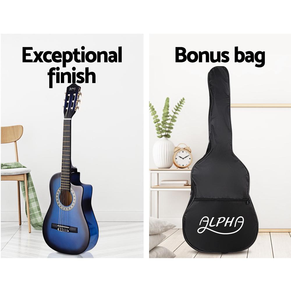 Alpha 34-inch Classical Acoustic Guitar in blue, featuring a cutaway design, laminated linden body, and maple fingerboard, ideal for kids and beginners.