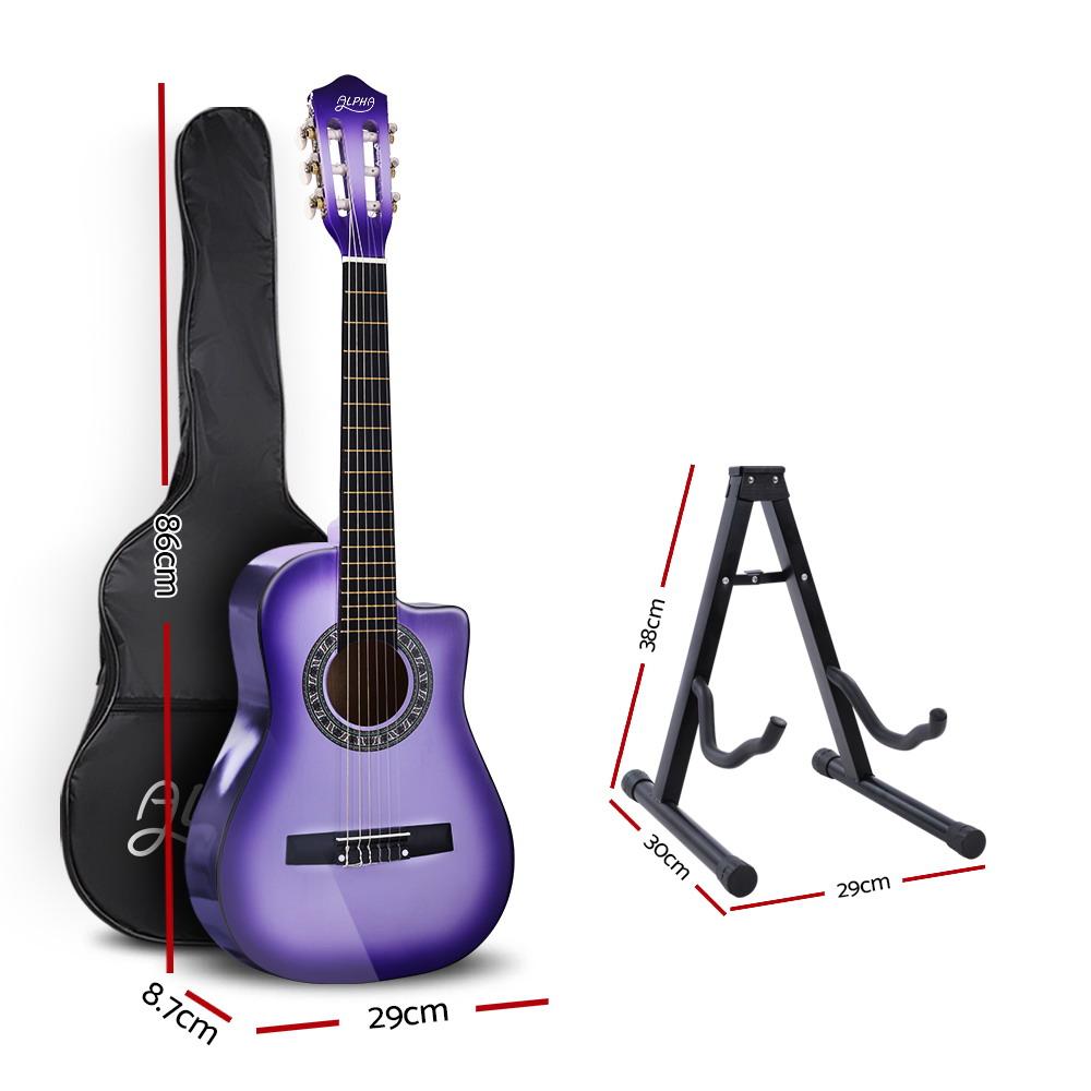 Alpha 34-inch Classical Acoustic Guitar in purple with accessories including picks, tuner, and carry bag.