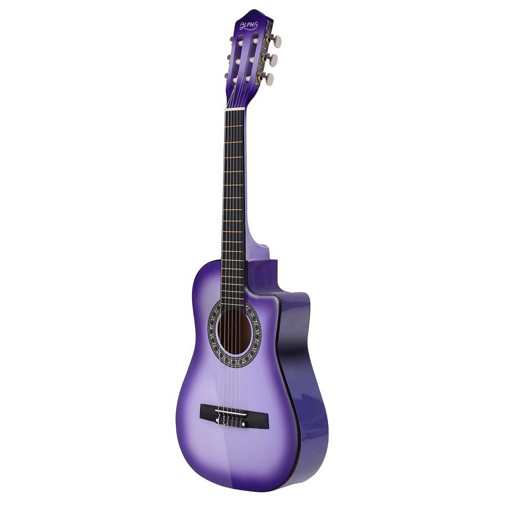 Alpha 34-inch Classical Acoustic Guitar in purple with accessories including picks, tuner, and carry bag.