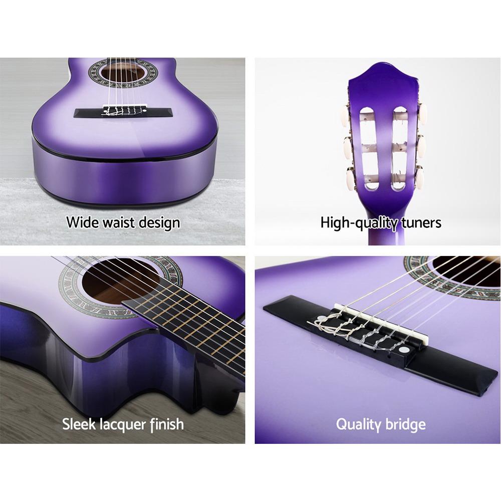 Alpha 34-inch Classical Acoustic Guitar in purple with accessories including picks, tuner, and carry bag.