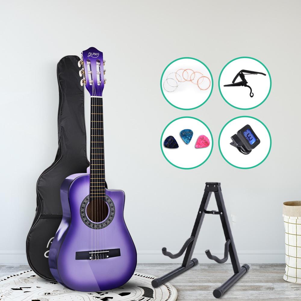 Alpha 34-inch Classical Acoustic Guitar in purple with accessories including picks, tuner, and carry bag.