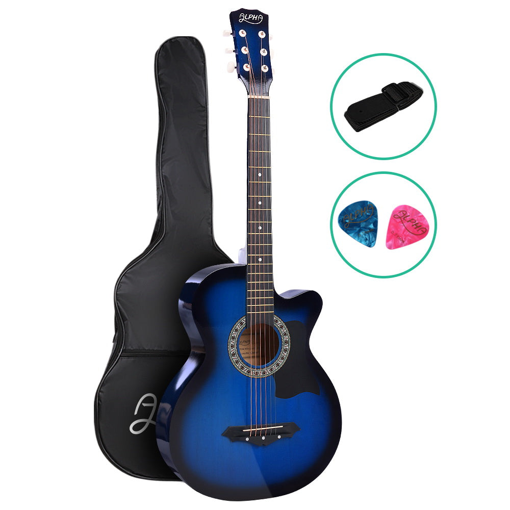 ALPHA 38 Inch Wooden Acoustic Guitar in vibrant blue color with a sleek design and cutaway body.