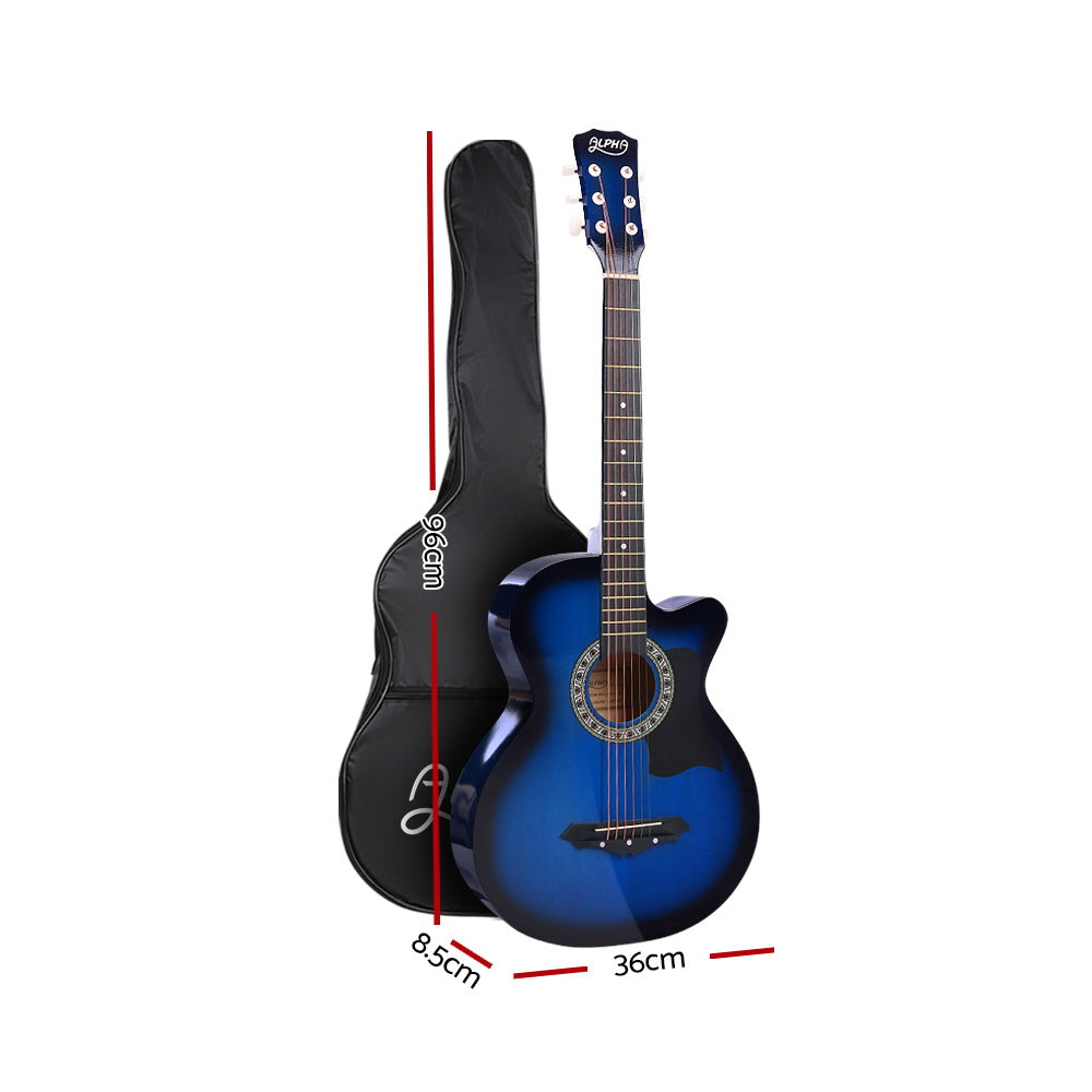 ALPHA 38 Inch Wooden Acoustic Guitar in vibrant blue color with a sleek design and cutaway body.