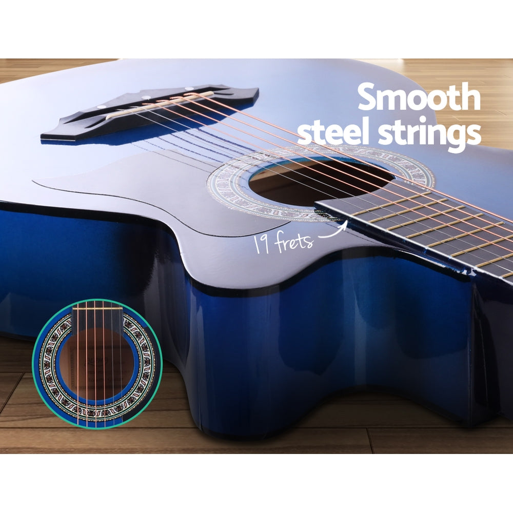 ALPHA 38 Inch Wooden Acoustic Guitar in vibrant blue color with a sleek design and cutaway body.