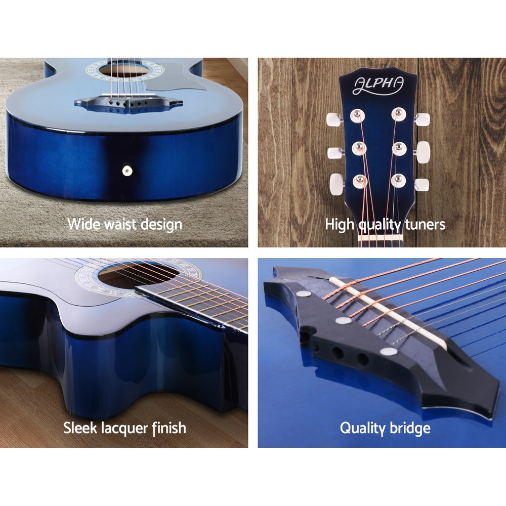 ALPHA 38 Inch Wooden Acoustic Guitar in vibrant blue color with a sleek design and cutaway body.