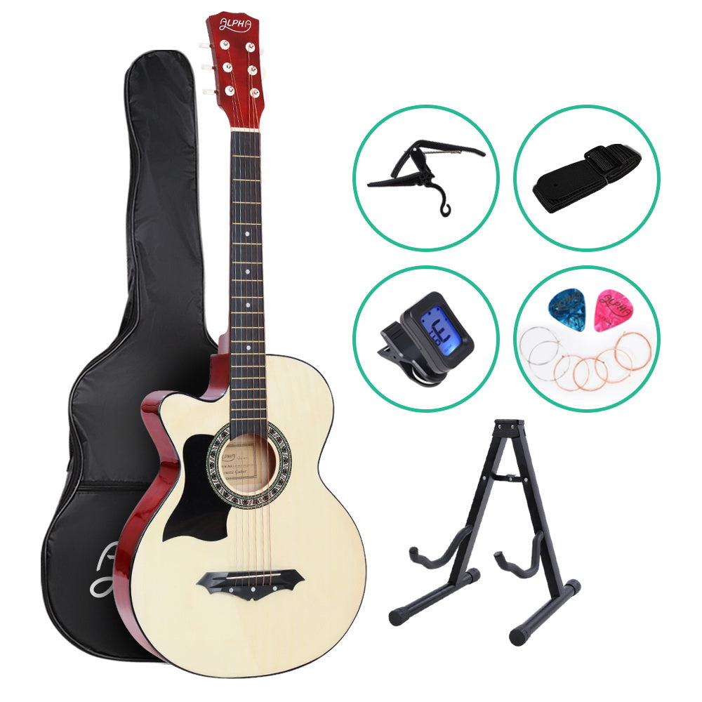 ALPHA 38 Inch Left-Handed Acoustic Guitar with accessories including a shoulder strap, picks, tuner, capo, and carry bag.