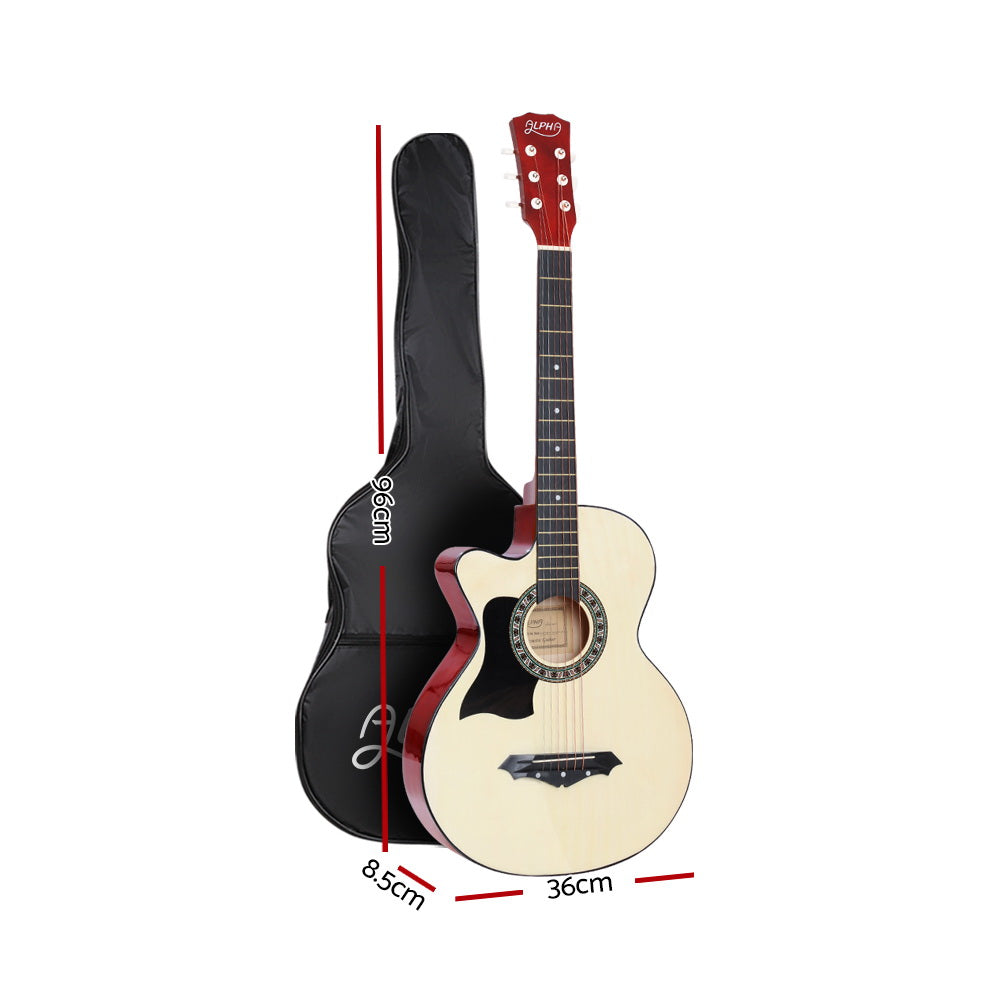 ALPHA 38 Inch Left-Handed Acoustic Guitar with accessories including a shoulder strap, picks, tuner, capo, and carry bag.