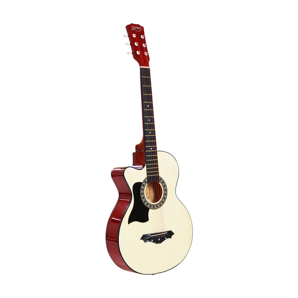 ALPHA 38 Inch Left-Handed Acoustic Guitar with accessories including a shoulder strap, picks, tuner, capo, and carry bag.