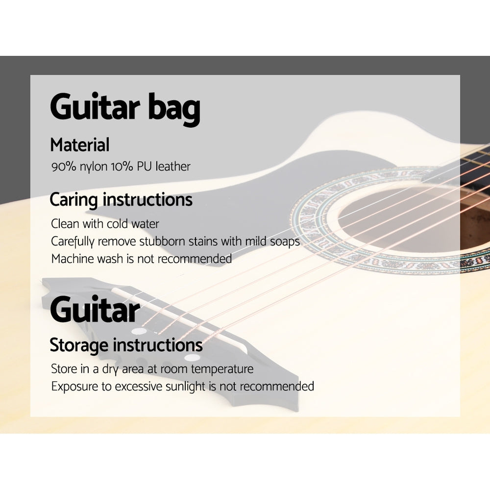 ALPHA 38 Inch Left-Handed Acoustic Guitar with accessories including a shoulder strap, picks, tuner, capo, and carry bag.