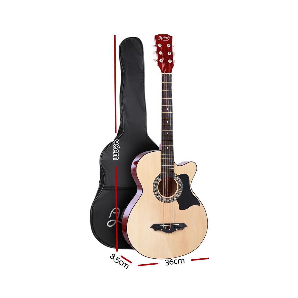 ALPHA 38 Inch Wooden Acoustic Guitar showcasing its natural wood finish and cutaway design, perfect for musicians.