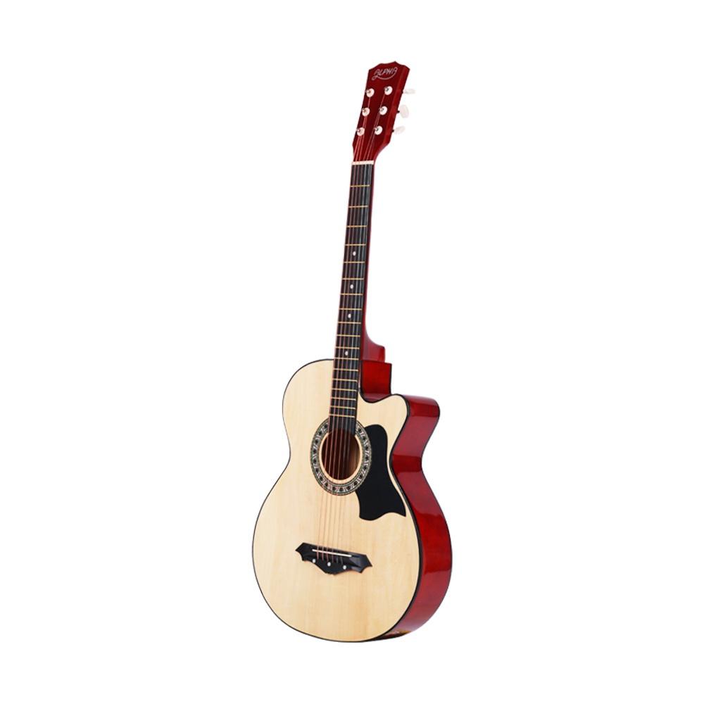 ALPHA 38 Inch Wooden Acoustic Guitar showcasing its natural wood finish and cutaway design, perfect for musicians.