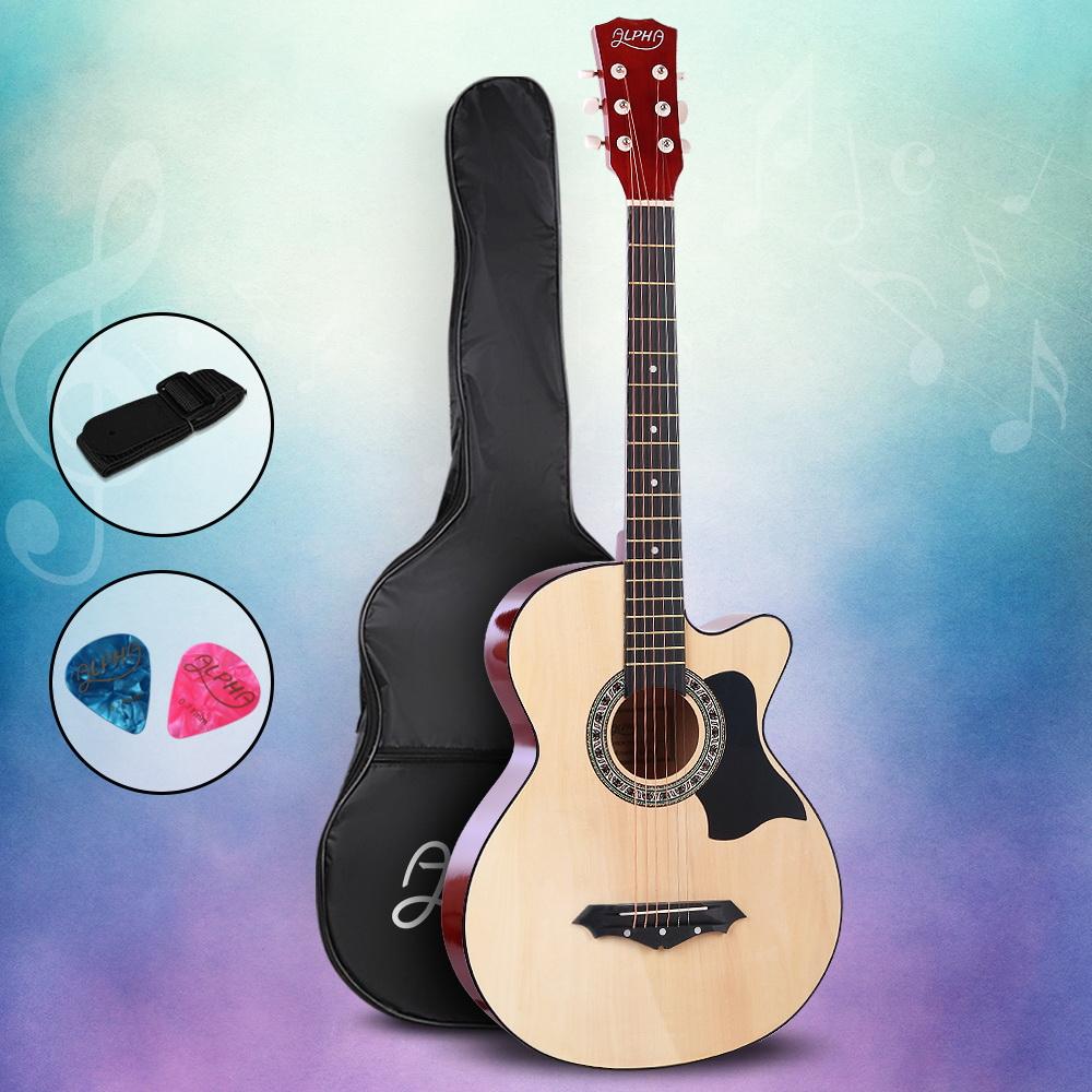 ALPHA 38 Inch Wooden Acoustic Guitar showcasing its natural wood finish and cutaway design, perfect for musicians.