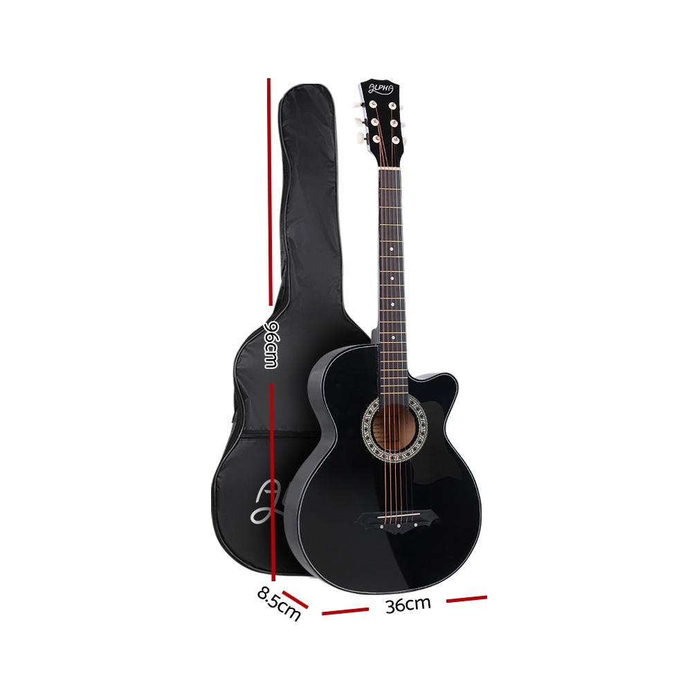 ALPHA 38 Inch Wooden Acoustic Guitar in black with accessories including a tuner, capo, picks, and a carry bag, showcasing its elegant design and craftsmanship.