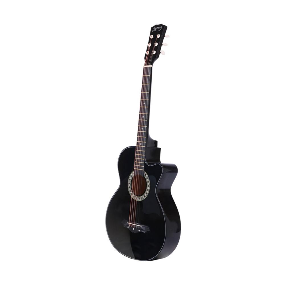 ALPHA 38 Inch Wooden Acoustic Guitar in black with accessories including a tuner, capo, picks, and a carry bag, showcasing its elegant design and craftsmanship.