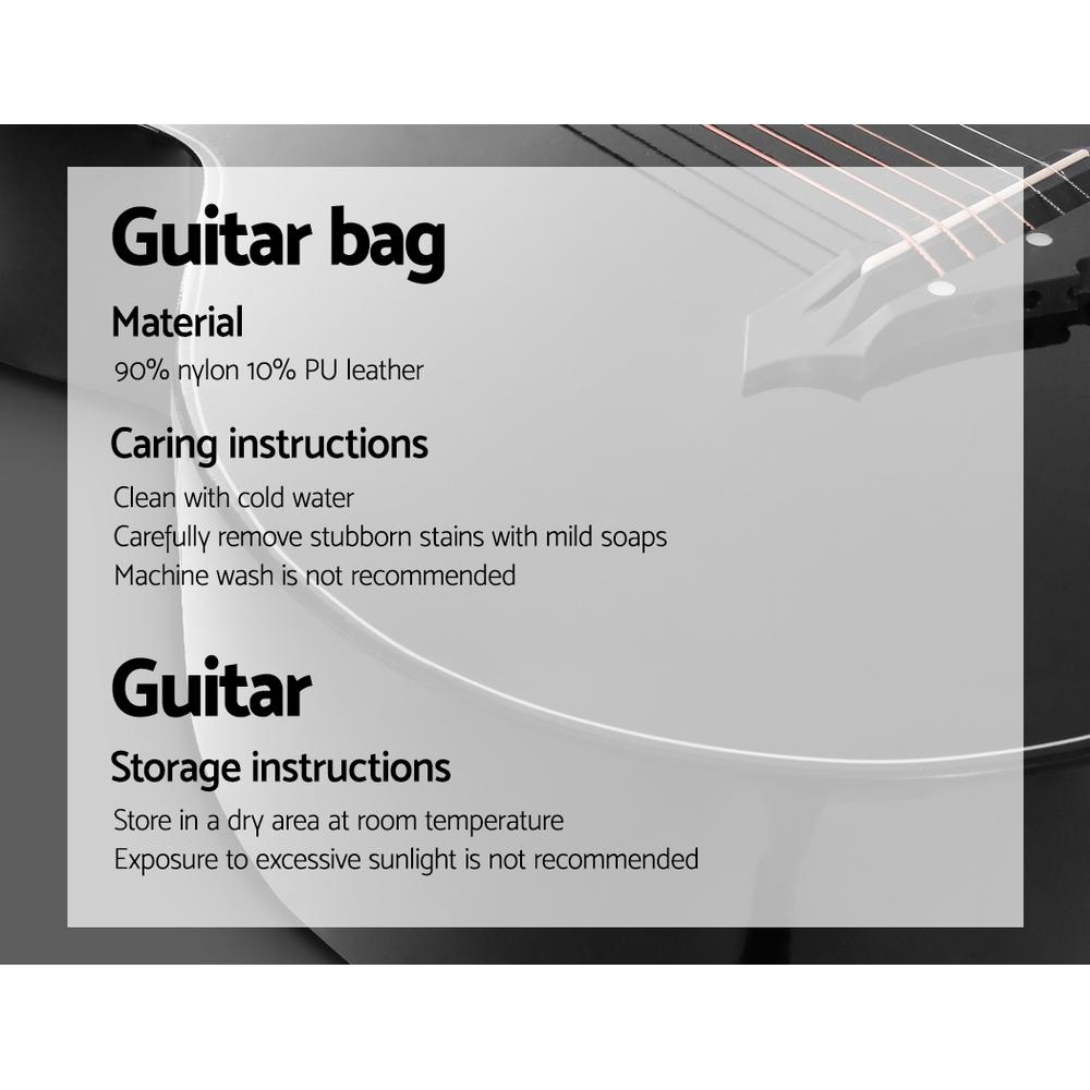 ALPHA 38 Inch Wooden Acoustic Guitar in black with accessories including a tuner, capo, picks, and a carry bag, showcasing its elegant design and craftsmanship.