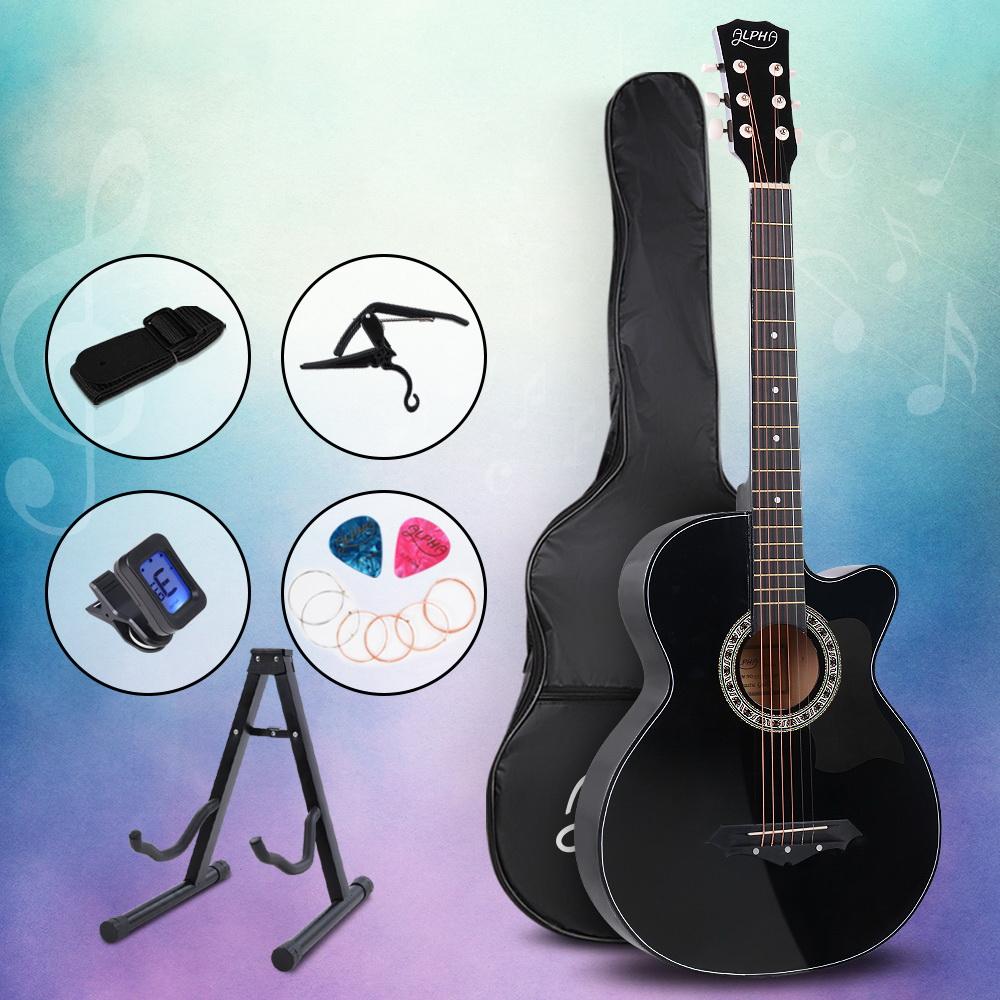 ALPHA 38 Inch Wooden Acoustic Guitar in black with accessories including a tuner, capo, picks, and a carry bag, showcasing its elegant design and craftsmanship.