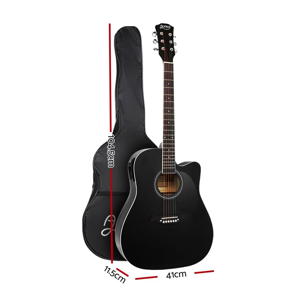 Alpha 41 inch Electric Acoustic Guitar with a sleek black finish, showcasing its laminated linden body and maple wood fingerboard.