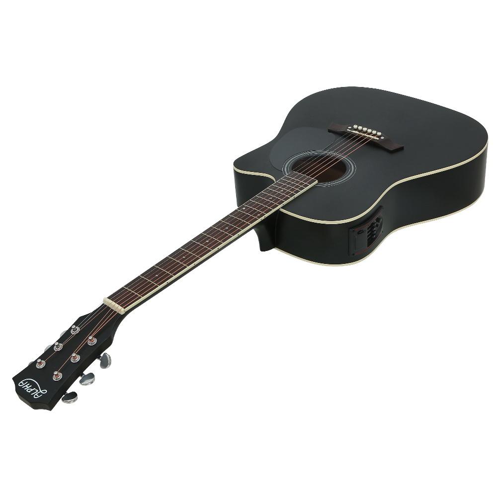 Alpha 41 inch Electric Acoustic Guitar with a sleek black finish, showcasing its laminated linden body and maple wood fingerboard.