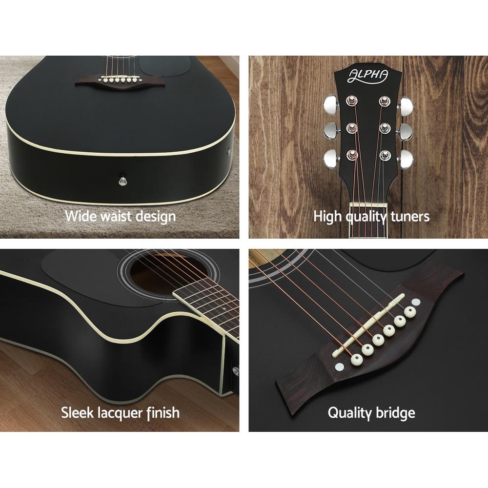 Alpha 41 inch Electric Acoustic Guitar with a sleek black finish, showcasing its laminated linden body and maple wood fingerboard.