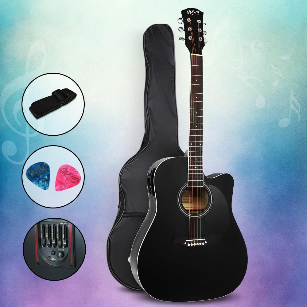 Alpha 41-inch Electric Acoustic Guitar with a sleek black finish, featuring a professional 5-band EQ and accessories including a shoulder strap and picks.