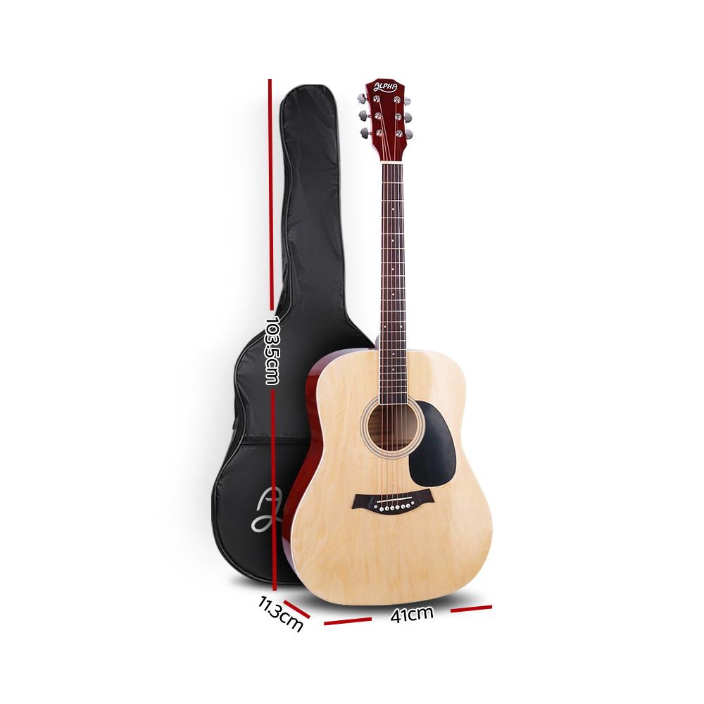 ALPHA 41 Inch Wooden Acoustic Guitar with a natural wood finish, showcasing its cutaway design and included accessories like a tuner and picks.