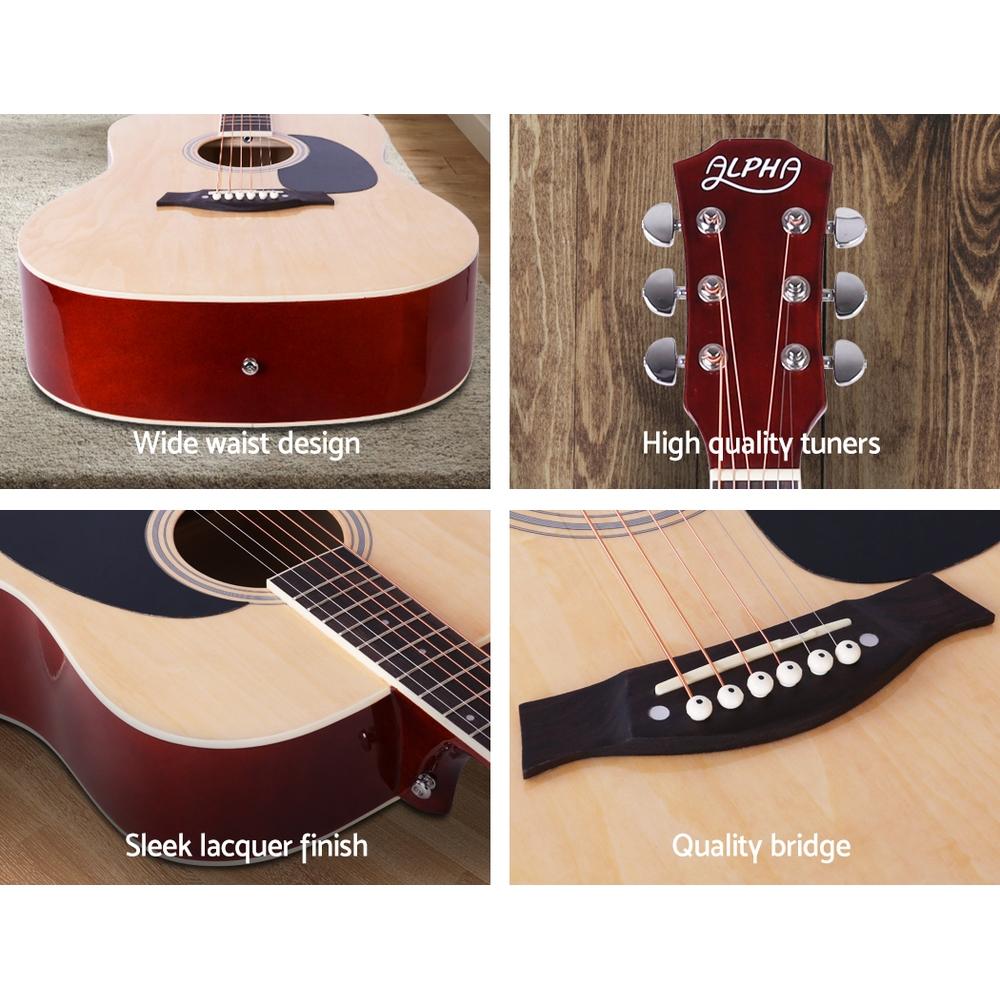 ALPHA 41 Inch Wooden Acoustic Guitar with a natural wood finish, showcasing its cutaway design and included accessories like a tuner and picks.