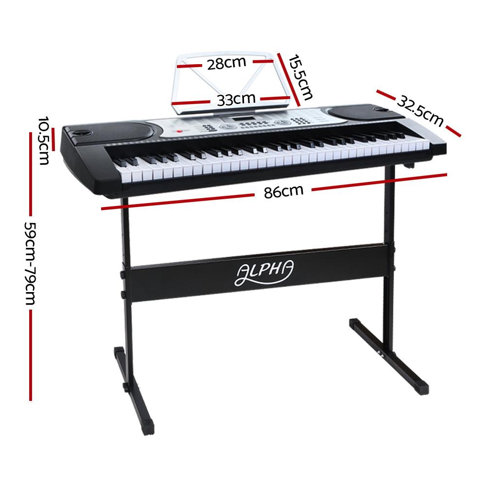 Alpha 61 Keys Electronic Piano Keyboard in silver with LED display, showcasing its keys and features.