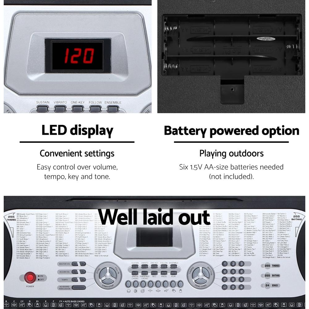 Alpha 61 Keys Electronic Piano Keyboard in silver with LED display, showcasing its keys and features.