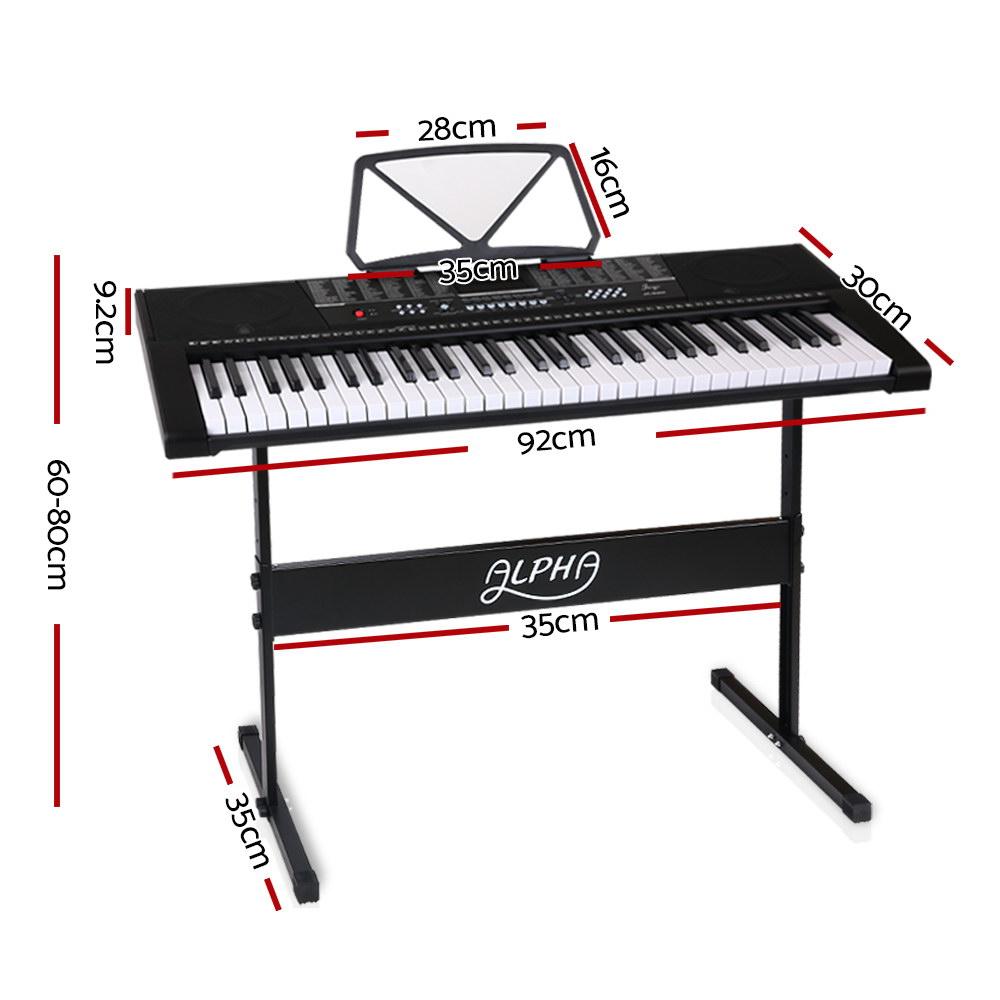 Alpha 61 Keys Electronic Piano Keyboard EK-63 with adjustable stand and music sheet holder, showcasing its sleek design and LED display.