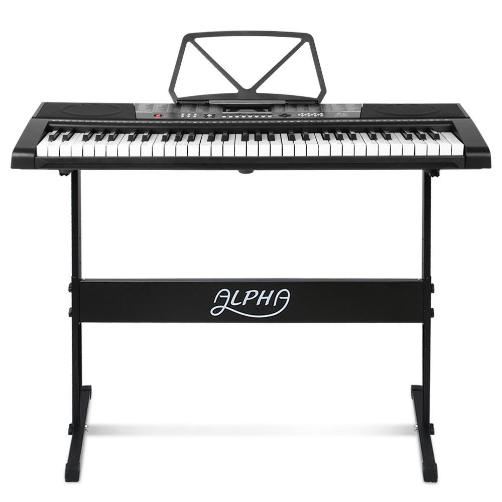 Alpha 61 Keys Electronic Piano Keyboard EK-63 with adjustable stand and music sheet holder, showcasing its sleek design and LED display.