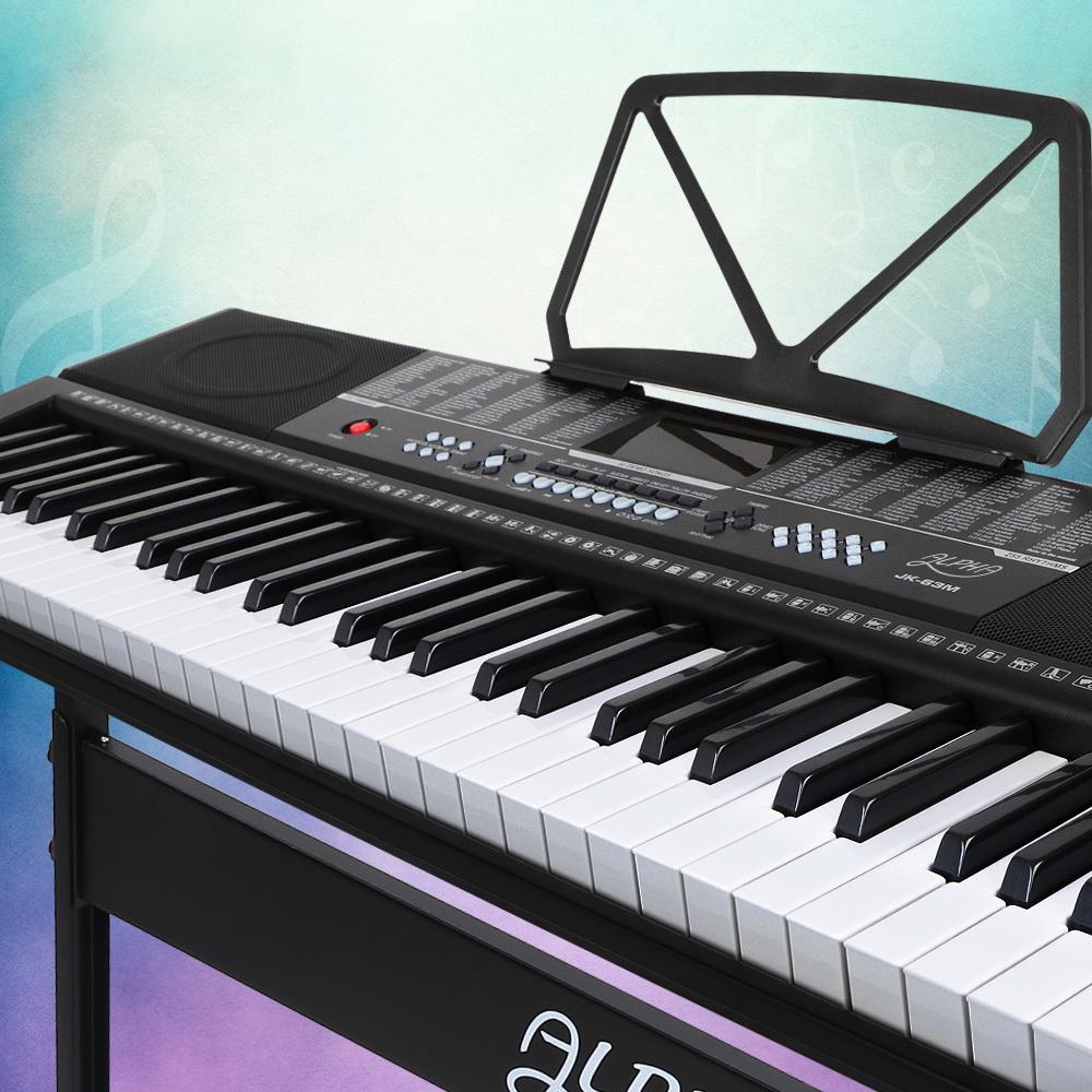 Alpha 61 Keys Electronic Piano Keyboard EK-63 with adjustable stand and music sheet holder, showcasing its sleek design and LED display.