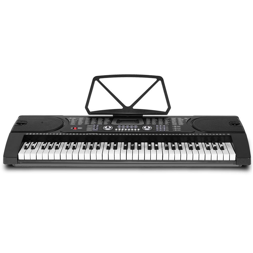 ALPHA 61 Keys LED Electronic Piano Keyboard with adjustable stand and music sheet holder, showcasing its sleek black design and LED display.