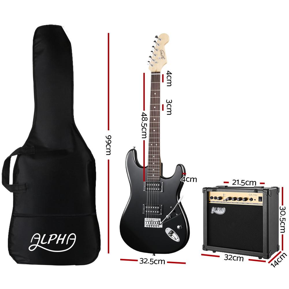 Alpha Electric Guitar in black with accessories including amplifier, whammy bar, and carry bag.