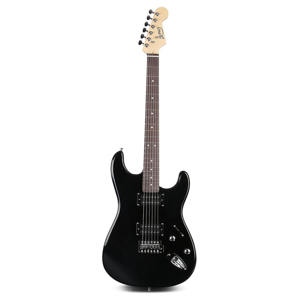 Alpha Electric Guitar in black with accessories including amplifier, whammy bar, and carry bag.