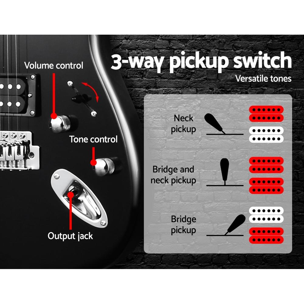 Alpha Electric Guitar in black with accessories including amplifier, whammy bar, and carry bag.